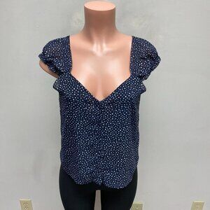 J Crew Womens Navy White Spotted Cap Sleeve V-Neck Crinkle Button Chiffon Top